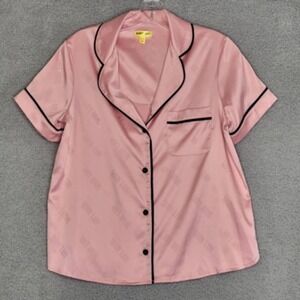 Shady Lady Top Womens Pajama Sleepwear Pink Button Silky Logo‎ Collared XS New